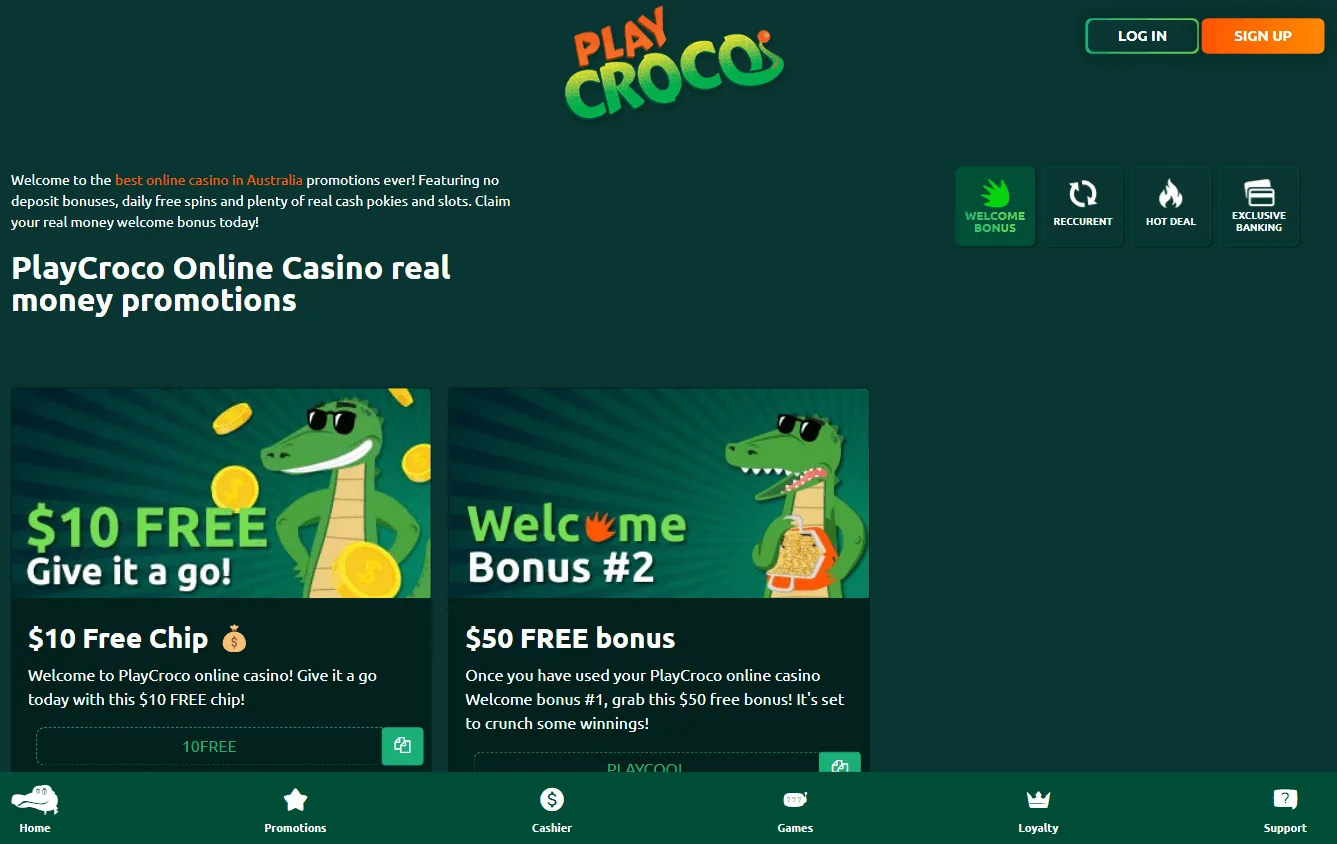 PlayCroco desktop promotions area